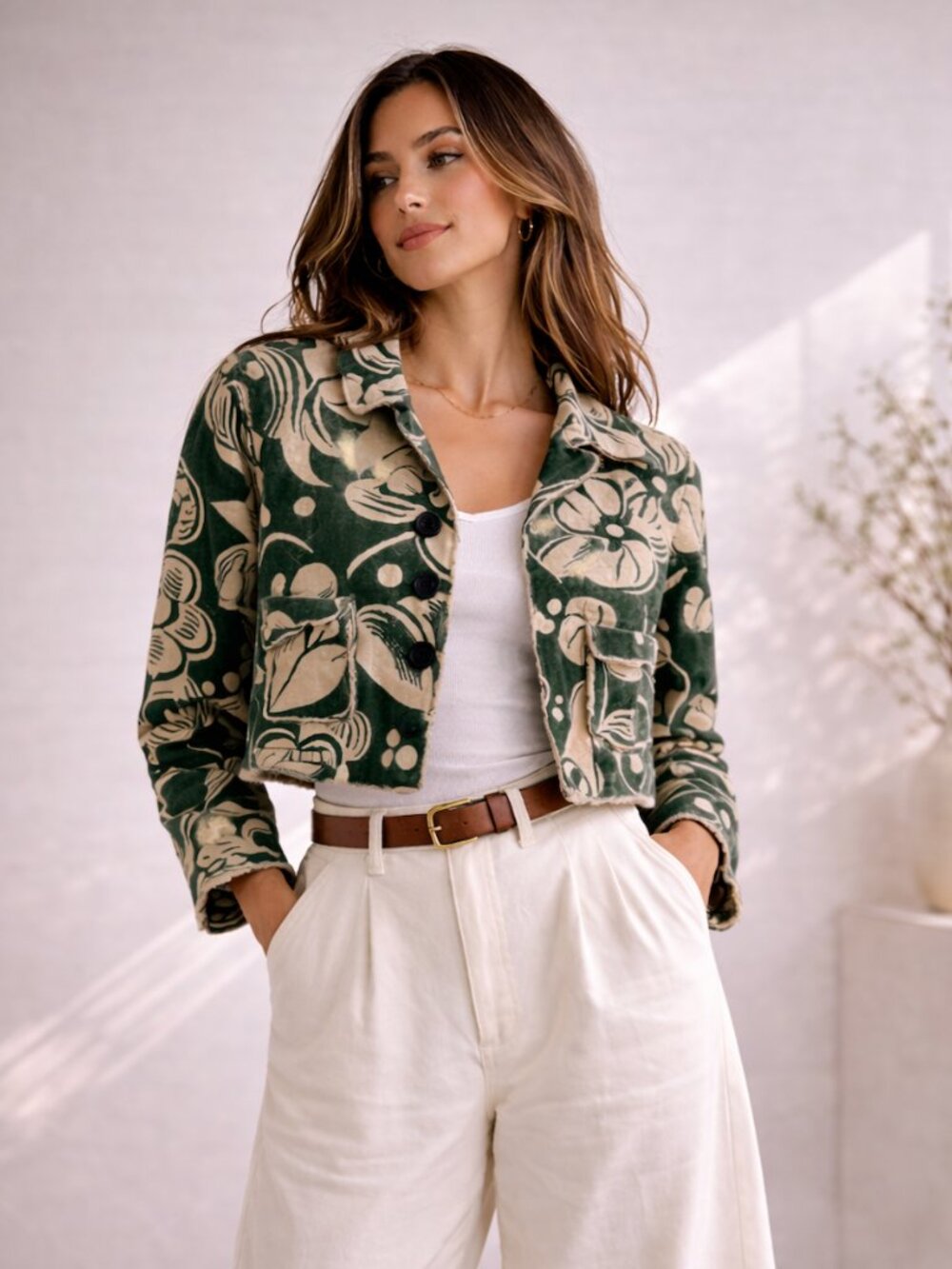 Moschino Cheap & Chic Vintage Linen Floral Jacket Cropped Boxy Blazer Green